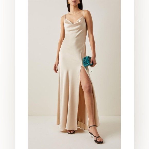 Jonathan Simkhai NWT 4 Finley Draped Satin Gown Cowl Neck Slit Champagne Beige - Picture 1 of 12